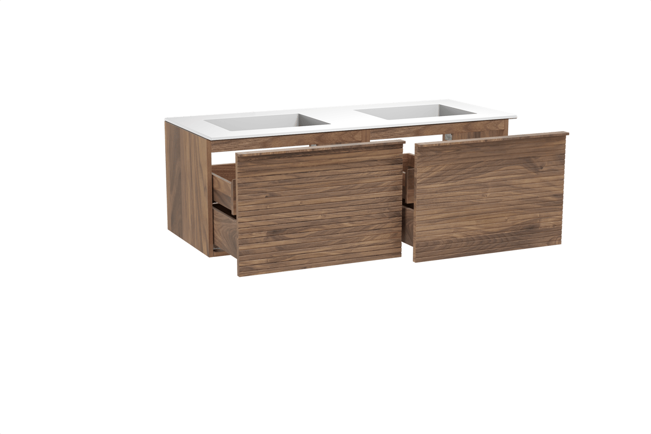 Balmani Forma meuble salle de bains suspendu 135 x 55 cm noyer américain avec Tablo Stretto double vasque en solid surface blanc mat, Nervure droite symétrique horizontale