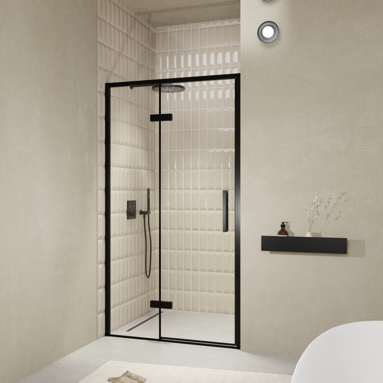 Balmani Senses Design Dusche Drehtür, Links, 120 cm x 210 cm, Klarglas, Profil Schwarz