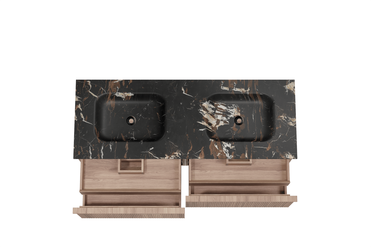 Balmani Forma zwevend badmeubel 150 x 55 cm teakhout met Tablo Arcato dubbele wastafel in marmer portoro gold, Verticale symmetrische rechte ribbel