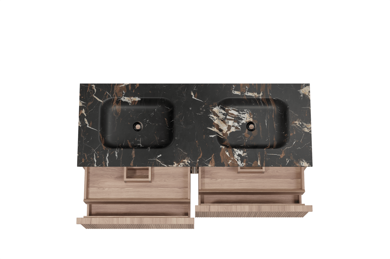 Balmani Forma meuble salle de bains suspendu 150 x 55 cm teck avec Tablo Arcato double vasque en marbre portoro gold, Nervure droite symétrique verticale