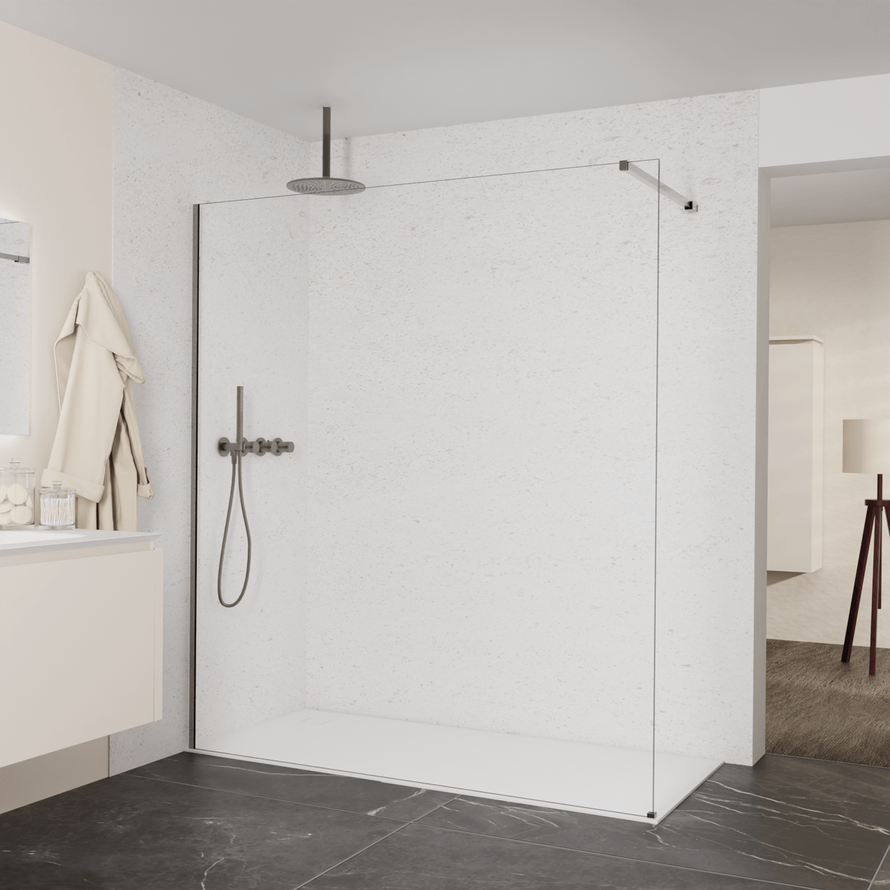 Balmani Modular douche à l'italienne: 180 x 200 cm, Verre transparent, avec coating, Profil Brushed GunMetal