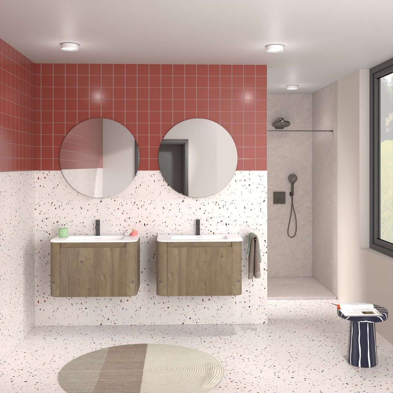 Storke Soft meuble salle de bains suspendu 80 x 46 cm chêne brut avec Mata Soft plan simple en Solid Surface blanc mat, Nervure droite symétrique verticale