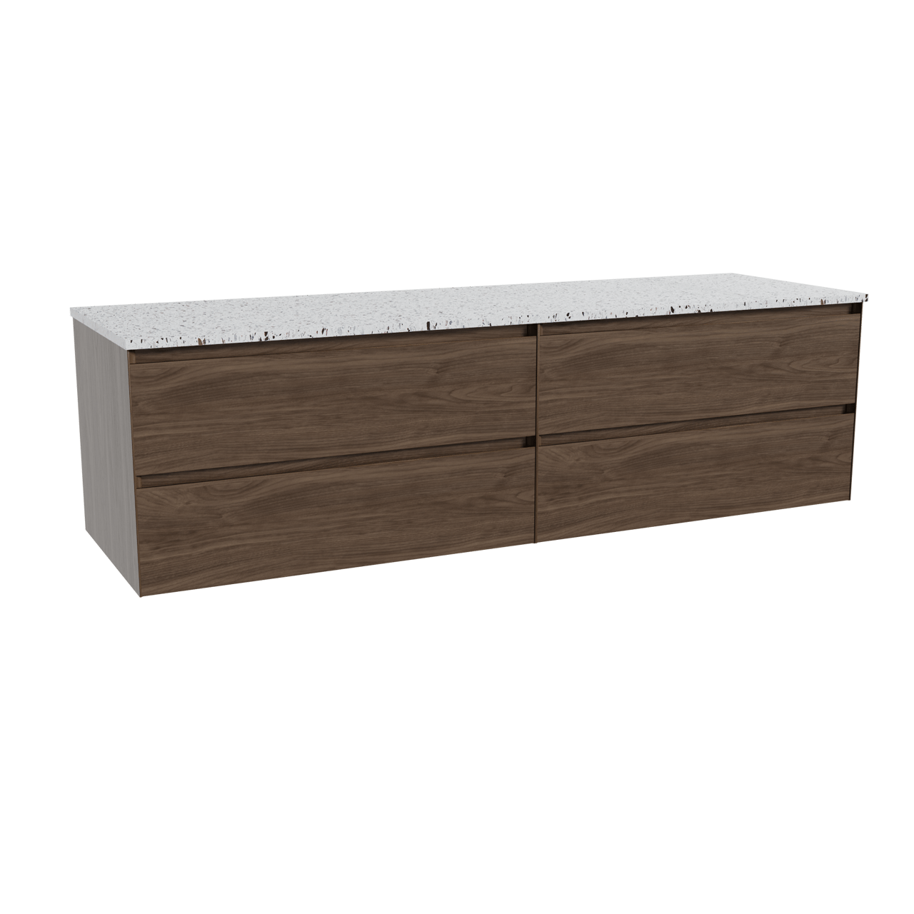 Balmani Mitra hängendes Möbelstück Set: 180 x 55 cm, Amerikanischer Nussbaum, mit Stretto Einzel- oder Doppel Waschtischplatte, Terrazzo in Weiß/Schwarz matt