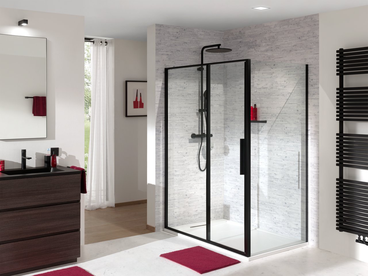 Luca Varess Morano douchehoek met draaideur en 2 vaste zijwanden 90 x 120 cm helder glas mat zwart profiel