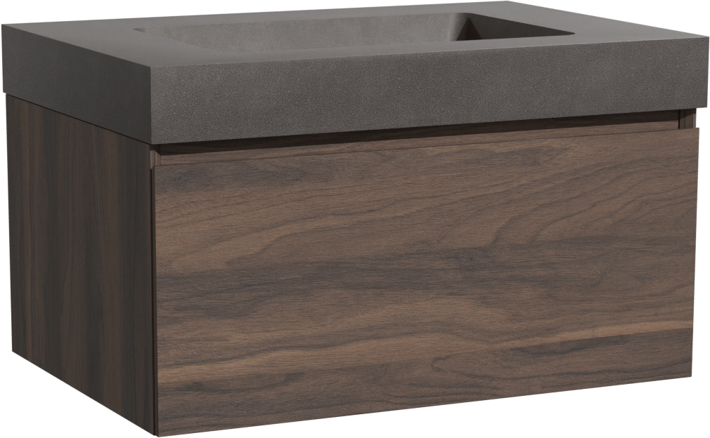 Storke Edge zwevend badmeubel 75 x 52 cm notenhout met Scuro High enkele wastafel in kwarts mat zwart en Soto badkamerspiegel