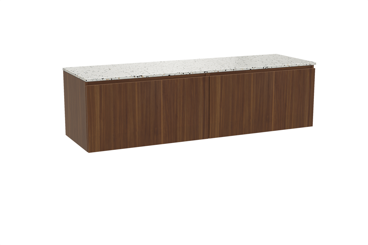 Balmani Sfera hängendes Möbelstück Set: 180 x 55 cm, Amerikanischer Nussbaum, mit Stretto Einzel- oder Doppel Waschtischplatte, Terrazzo in Weiß/Schwarz matt