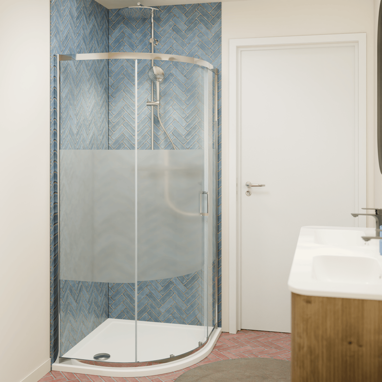 Luca Varess Vidor douchehoek kwartrond met schuifdeur 90 x 90 cm helder glas met matte strook glanzend chroom profiel