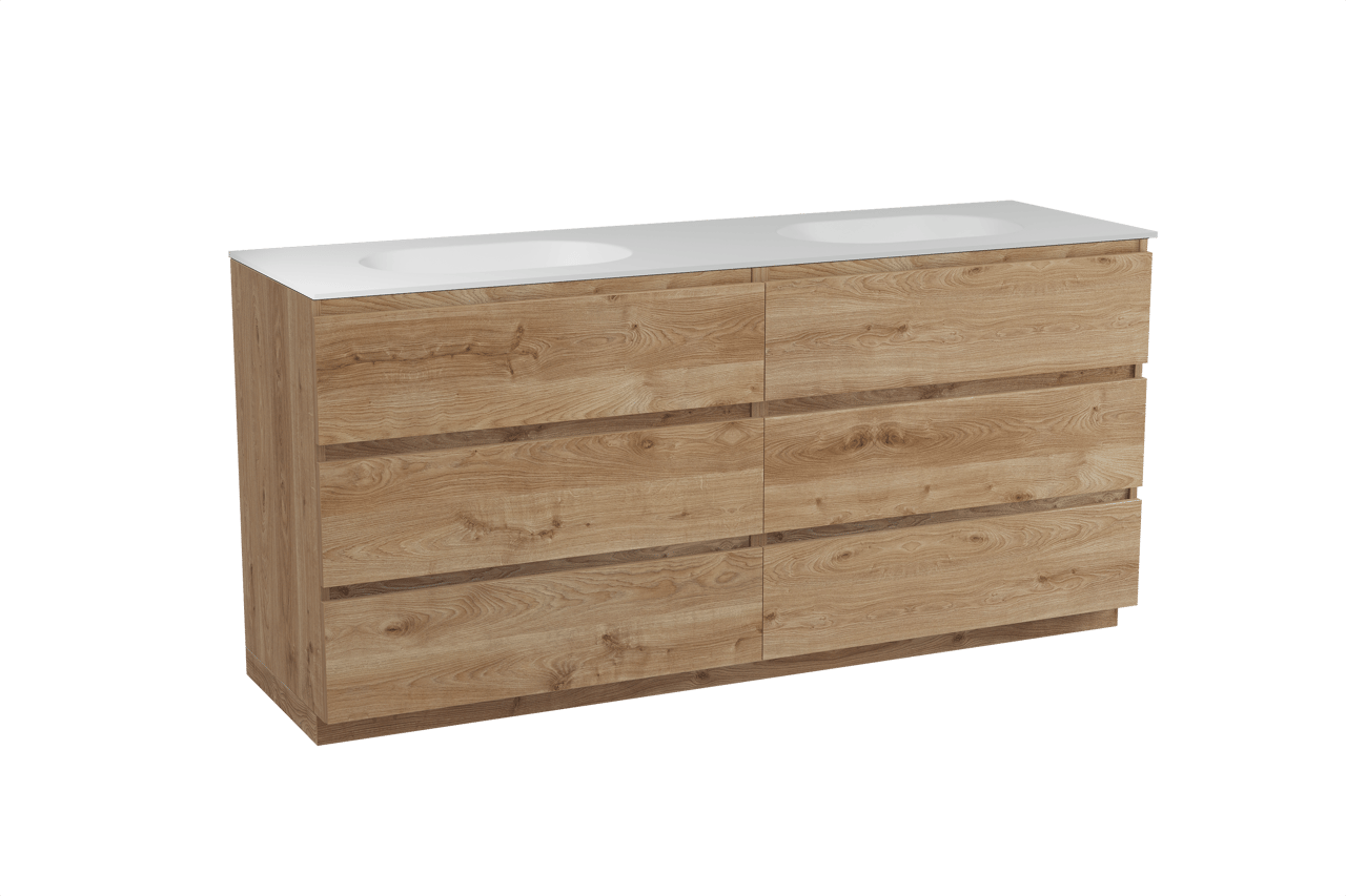 Balmani Lucida freistehendes Möbelstück Set: 180 x 55 cm, Rohe Eiche, mit Tablo Oval Doppelwaschtisch, Solid Surface Weiß matt