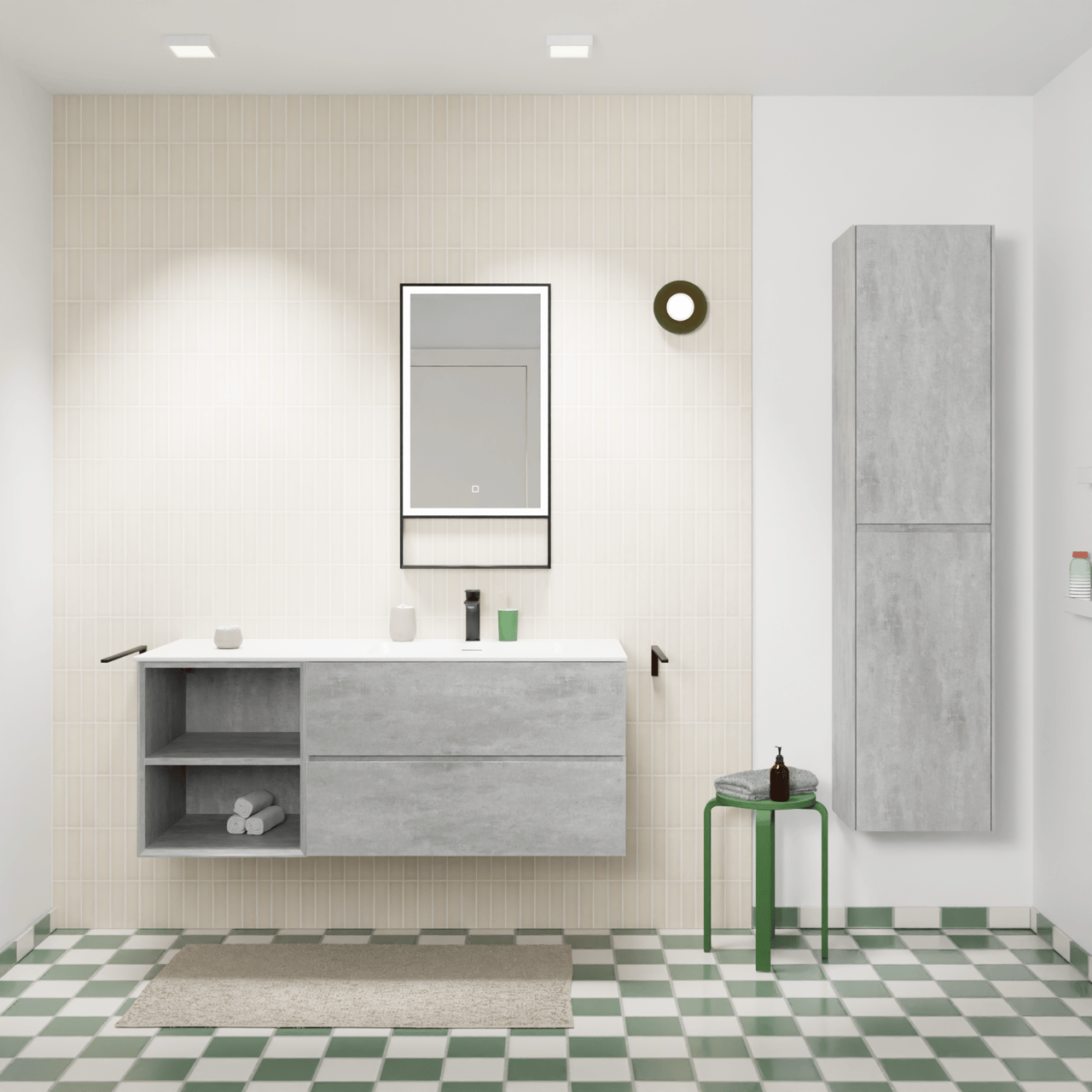 Storke Edge zwevend badmeubel 130 x 52 cm beton donkergrijs met Mata asymmetrisch rechtse wastafel in solid surface mat wit