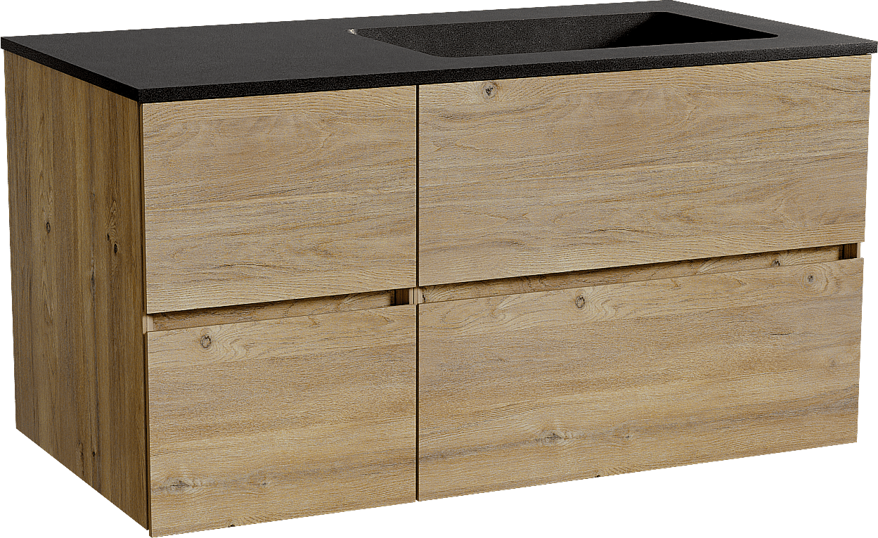 Storke Edge meuble salle de bains suspendu 100 x 52 cm chêne brut avec Scuro plan vasque asymétrique à droite en quartz noir mat