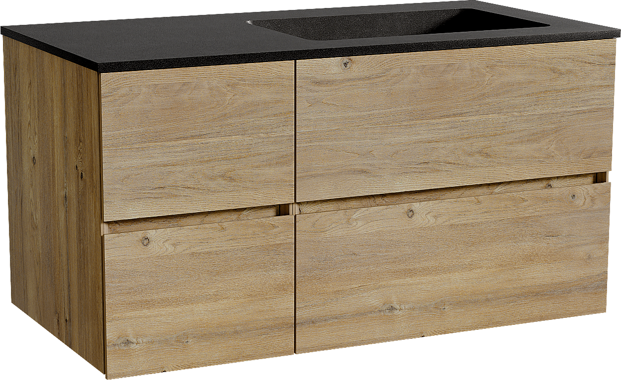 Storke Edge meuble salle de bains suspendu 100 x 52 cm chêne brut avec Scuro plan vasque asymétrique à droite en quartz noir mat