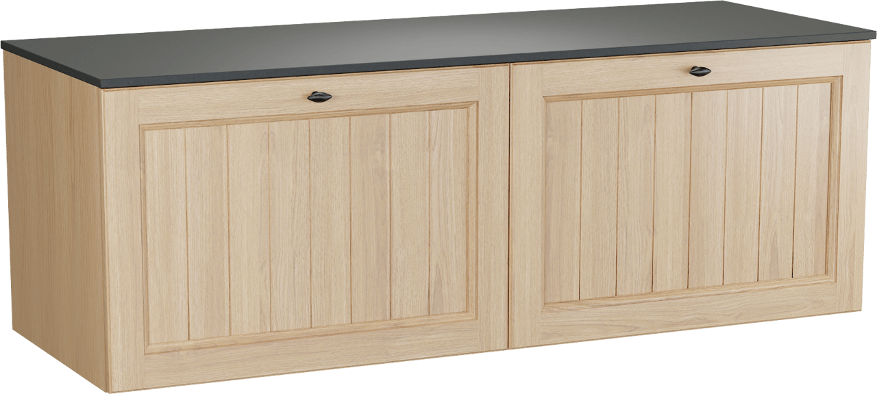 Balmani Lemon zwevend badkamermeubel 150 x 55 cm, fineer natuur eik met Stretto enkel of dubbel tablet in graniet zwart