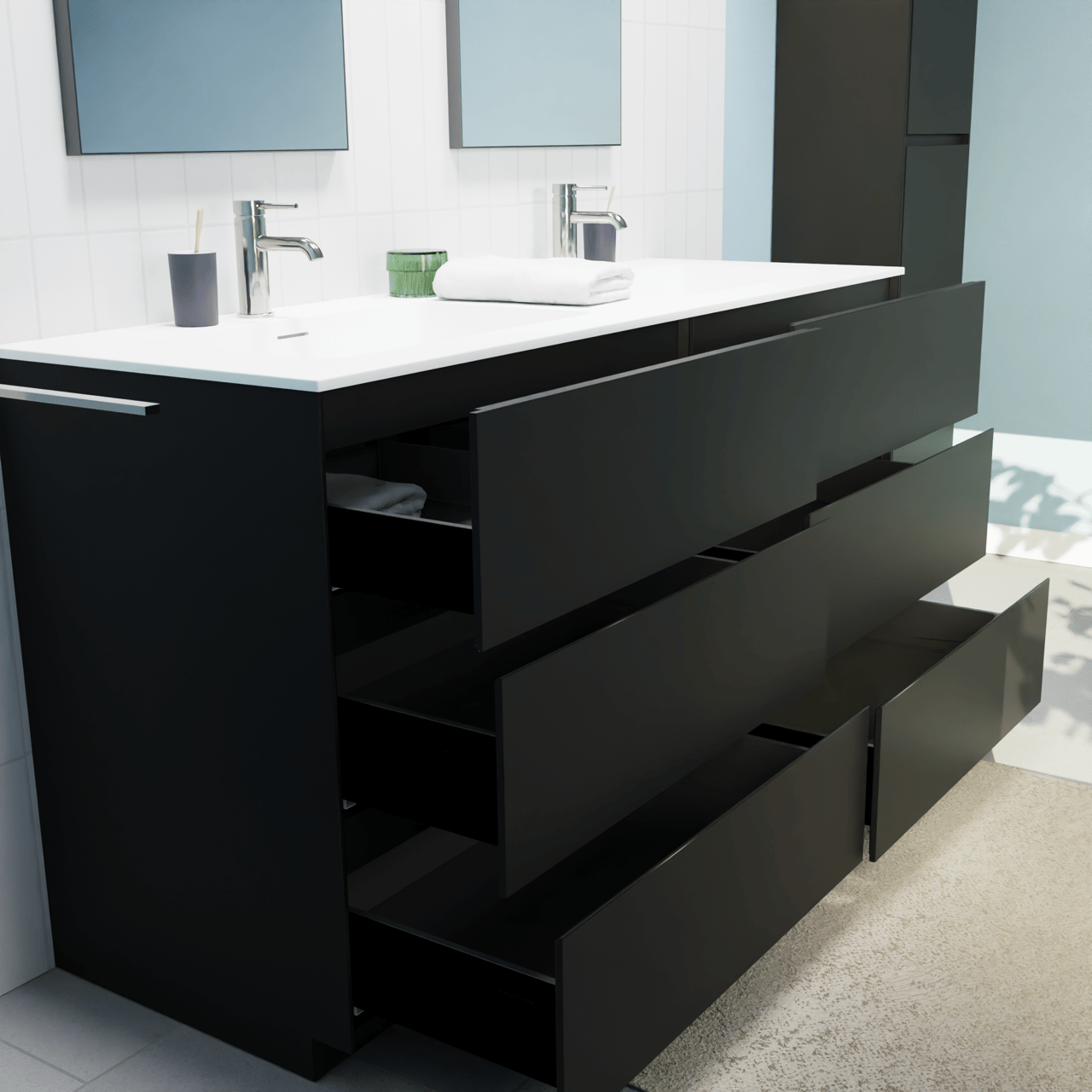 Storke Edge freistehendes Möbelstück Set: 150 x 52 cm, Schwarz matt, mit Mata Doppelwaschtisch, Solid Surface Weiß matt