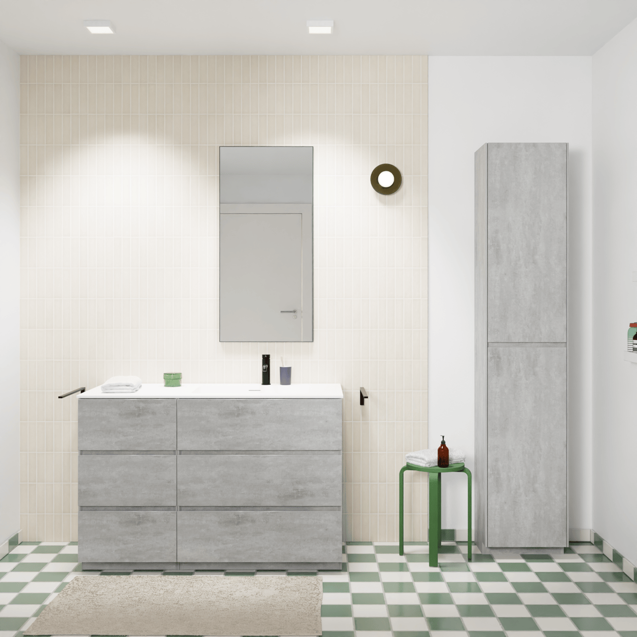 Storke Edge meuble salle de bains à poser 120 x 52 cm béton gris foncé avec Mata plan vasque asymétrique à droite en solid surface blanc mat