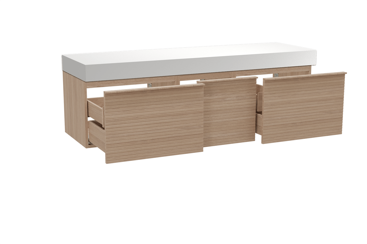 Balmani Forma zwevend badkamermeubel 180 x 55 cm natuur eik met Dominus enkel of dubbel tablet in solid surface mat wit, Horizontale symmetrische rechte ribbel