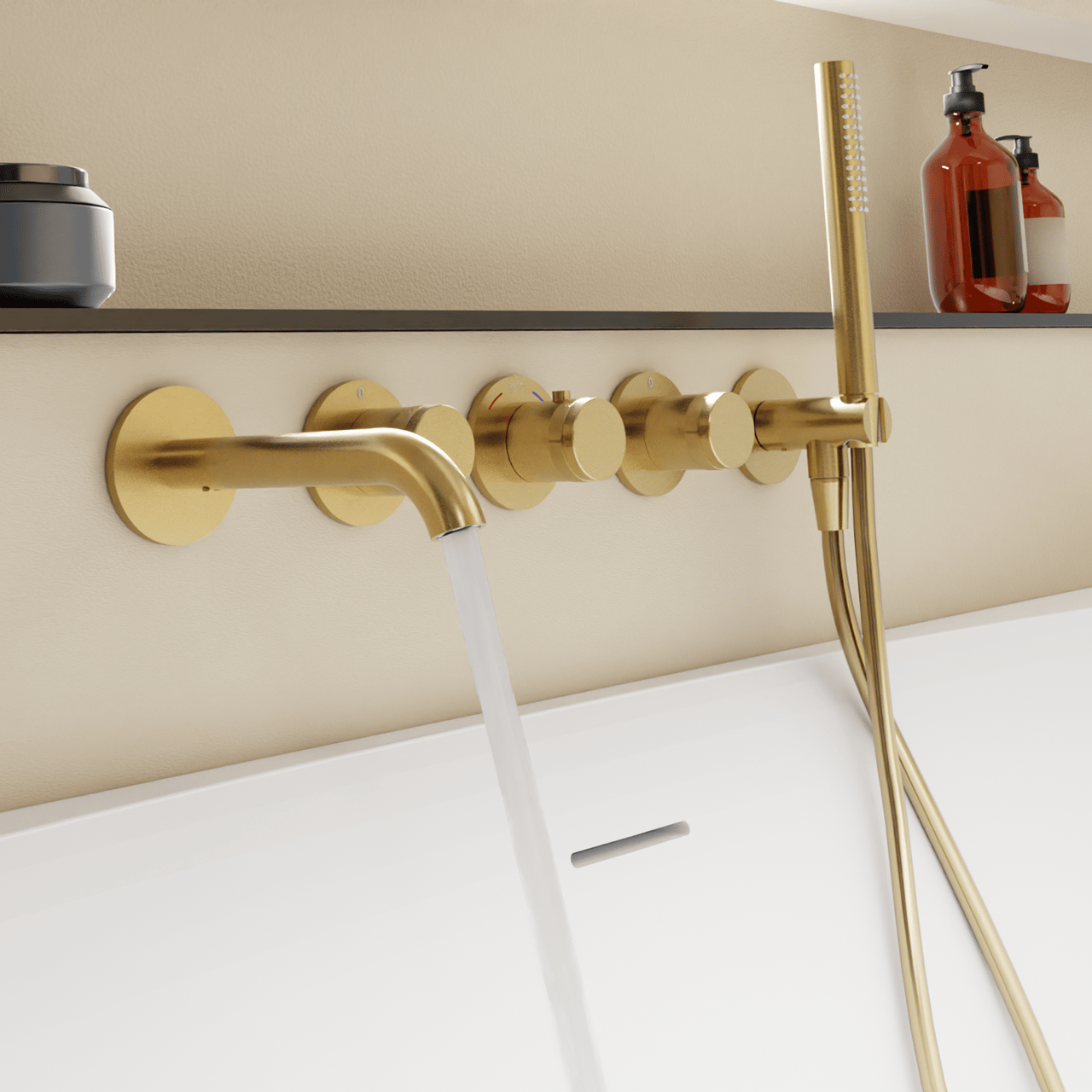 BLAUFOSS Pavilion Inbouw badkraan thermostatisch Brushed Gold Incl. handdoucheset incl. inbouwelement