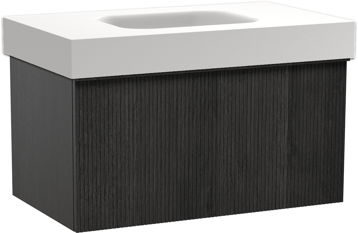 Balmani Forma zwevend badkamermeubel 90 x 55 cm zwarte eik met Arcato enkele wastafel in solid surface mat wit, Verticale symmetrische rechte ribbel