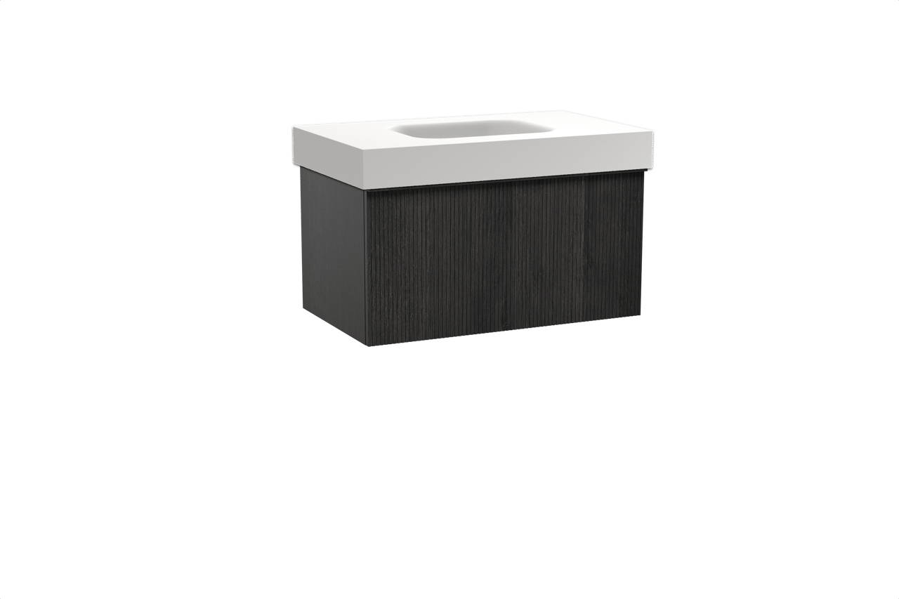 Balmani Forma hängendes Möbelstück Set: 90 x 55 cm, Schwarze Eiche, mit Arcato Einzelwaschtisch, Solid Surface, Weiß matt, Vertikale symmetrische gerade Rippe