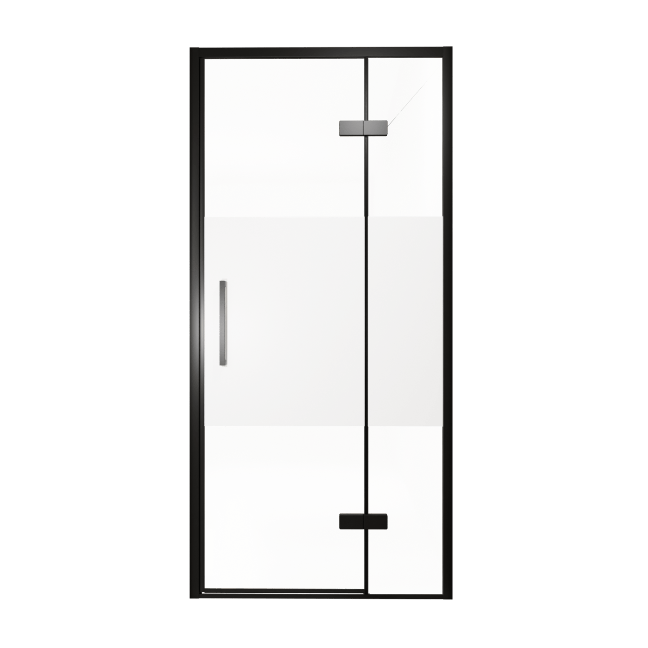 Balmani Senses Design Dusche Drehtür, Rechts, 100 cm x 210 cm, Klarglas mit mattiertem Streifen, Profil Schwarz