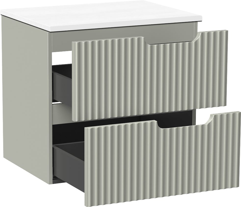 Linie Ribbo meuble salle de bains suspendu 60 x 46 cm greige avec Lado tablette simple en marbre composite blanc brillant, Nervure circulaire symétrique verticale