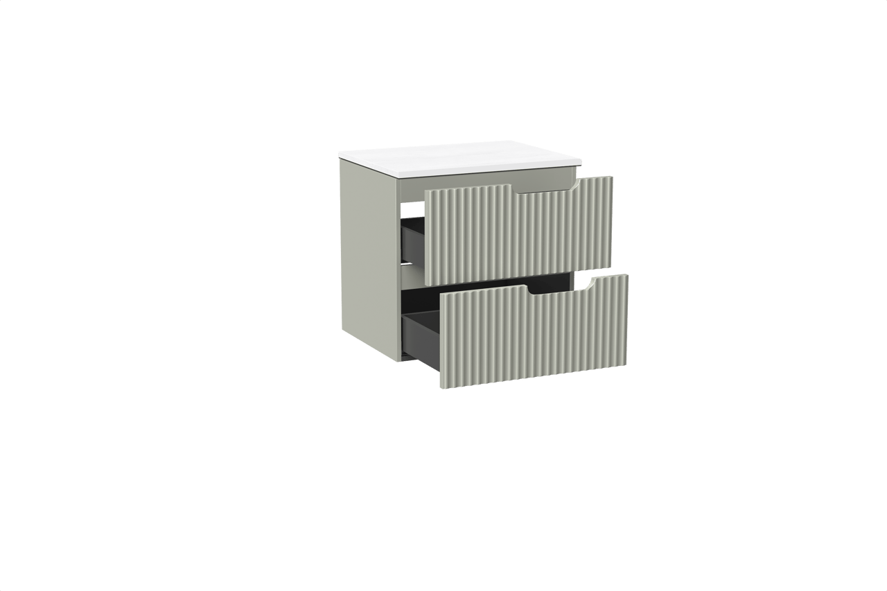 Linie Ribbo hängendes Möbelstück Set: 60 x 46 cm, Greige, mit Lado Einzel Waschtischplatte, Marmorkomposit, Weiß glänzend, Vertikale symmetrische runde Rippe