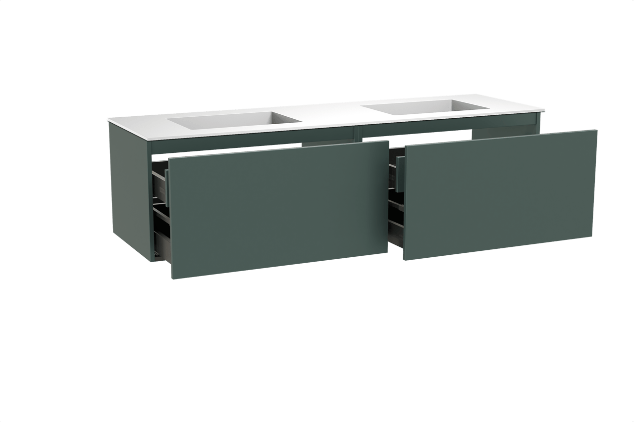 Balmani Sfera zwevend badkamermeubel 180 x 55 cm forest met Tablo Stretto dubbele wastafel in solid surface mat wit