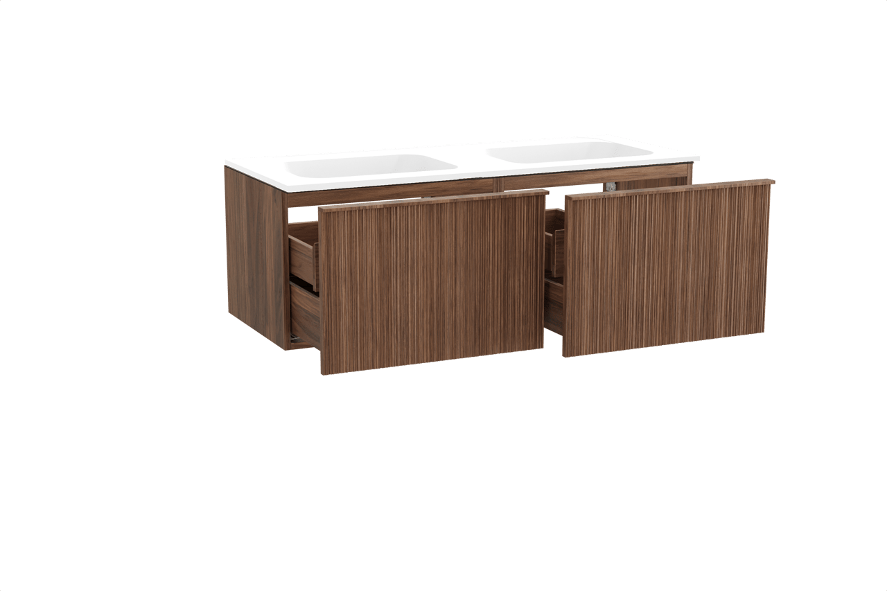 Balmani Forma hängendes Möbelstück Set: 135 x 55 cm, Amerikanischer Nussbaum, mit Tablo Strada Doppelwaschtisch, Marmorkomposit, Weiß matt, Vertikale asymmetrische Runde Rippe