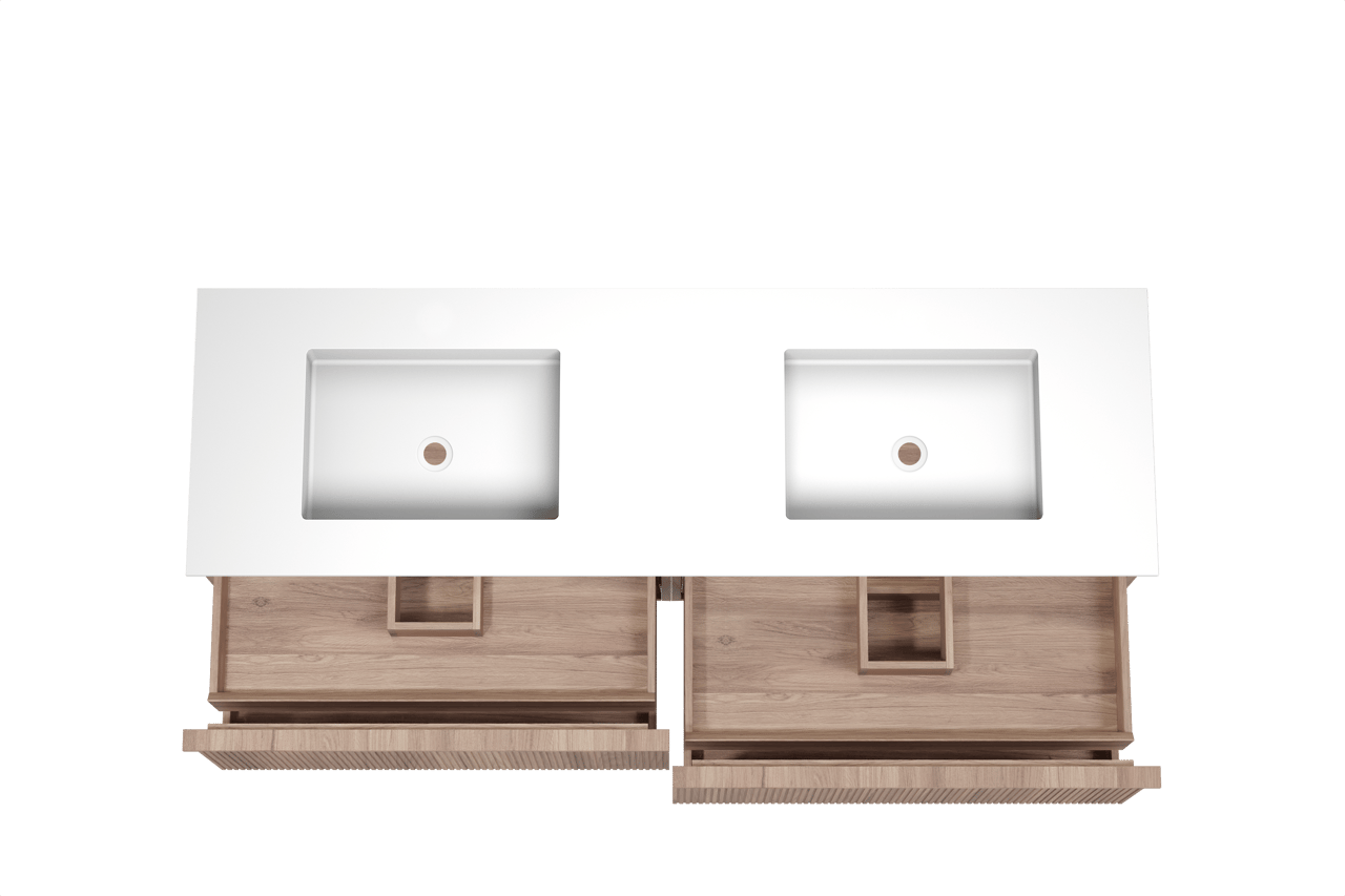 Balmani Forma meuble salle de bains suspendu 180 x 55 cm teck avec Tablo Stretto double vasque en solid surface blanc mat, Nervure droite symétrique verticale