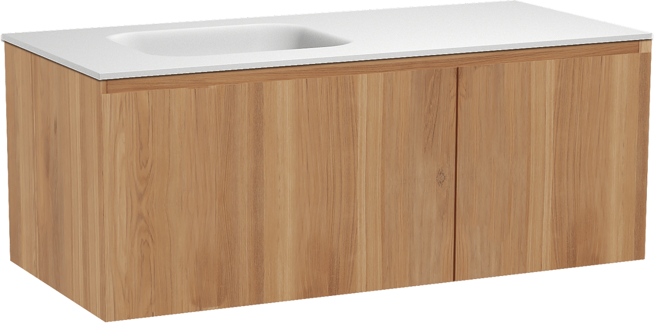 Balmani Idra hängendes Möbelstück Set: 120 x 55 cm, Teak, mit Tablo Arcato Waschtisch links, Solid Surface Weiß matt