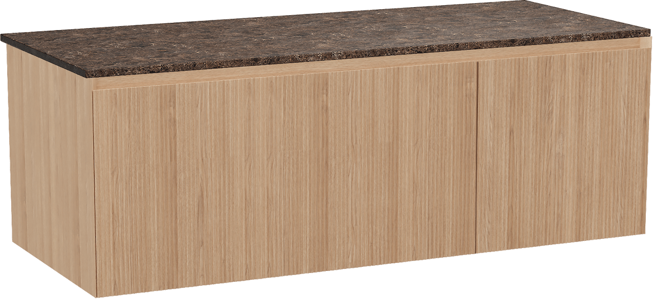 Balmani Fila by Mitra hängendes Möbelstück Set: 135 x 55 cm, Naturbelassene Eiche, mit Stretto Einzel- oder Doppel Waschtischplatte, Marmor, Dark Emperador, Vertikale symmetrische gerade Rippe