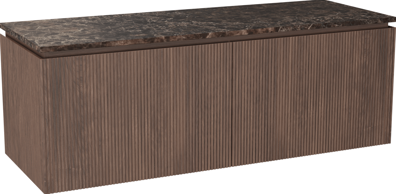 Balmani Eclips hängendes Möbelstück Set: 150 x 55 cm, Amerikanischer Nussbaum, mit Stretto Einzel- oder Doppel Waschtischplatte Marmor Dark Emperador, Vertikale symmetrische gerade Rippe