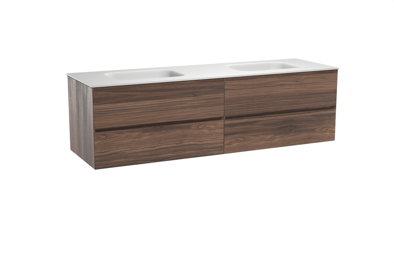 Balmani Mitra zwevend badkamermeubel 180 x 55 cm notelaar met Tablo Arcato dubbele wastafel in solid surface mat wit