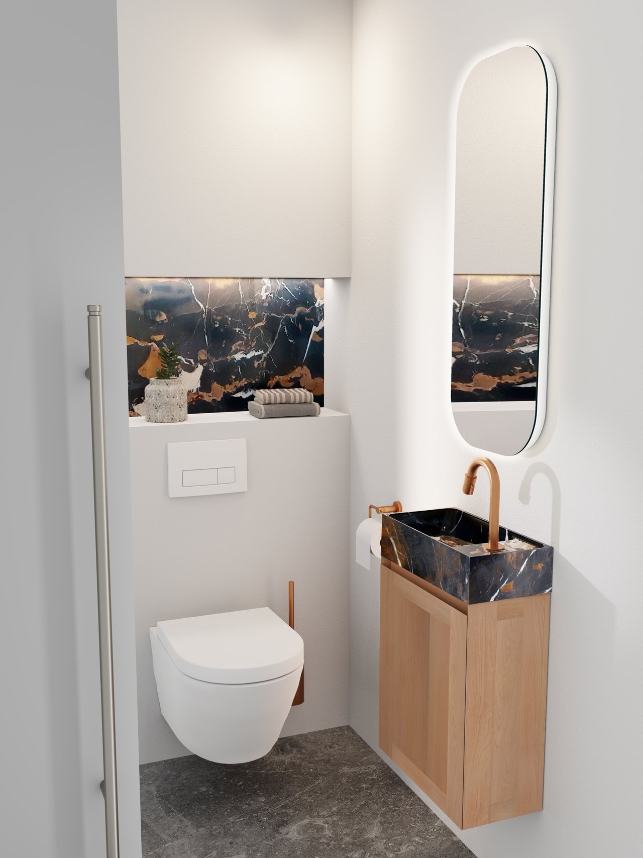 Balmani Mitra meuble wc suspendu 42 x 21 cm teck avec Dama lavabo en marbre Portoro Gold