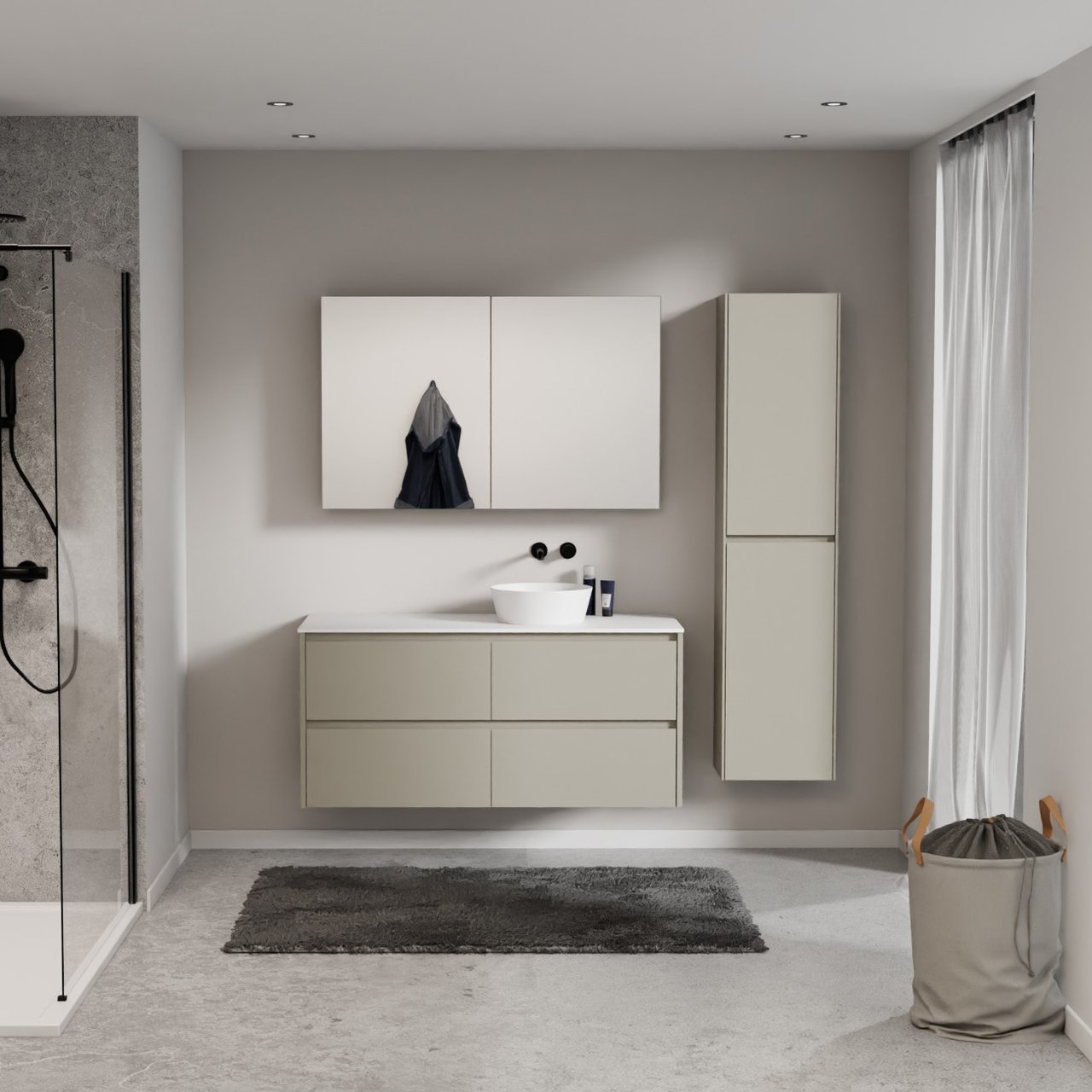 Storke Seda hängendes Möbelstück Set: 130 x 52 cm, Seidengrau, mit Tavola Einzel- oder Doppel Waschtischplatte, Solid Surface Weiß matt