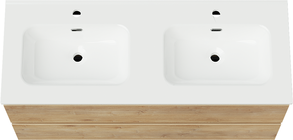 Linie Lado zwevend badmeubel 120 x 46 cm naturel eiken met Baro dubbele wastafel in porselein hoogglans wit