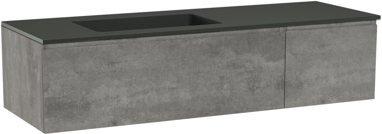 Storke Edge zwevend badmeubel 150 x 52 cm beton donkergrijs met Scuro asymmetrisch linkse wastafel in kwarts mat zwart