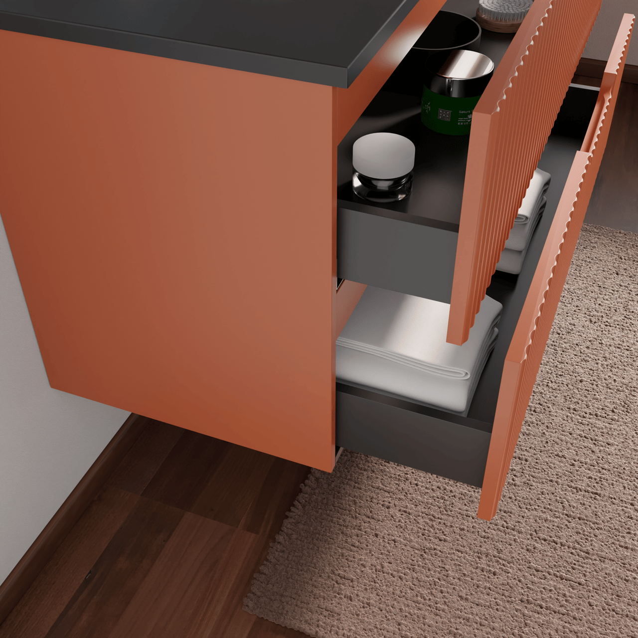 Linie Ribbo meuble salle de bains suspendu 100 x 46 cm cotto avec Vano plan simple en marbre composite noir mat, Nervure circulaire symétrique verticale