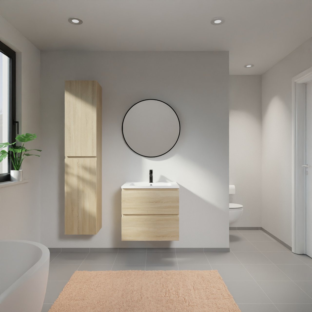 Linie Lado zwevend badmeubel 60 x 46 cm wit eiken met Vano enkele wastafel in composietmarmer hoogglans wit