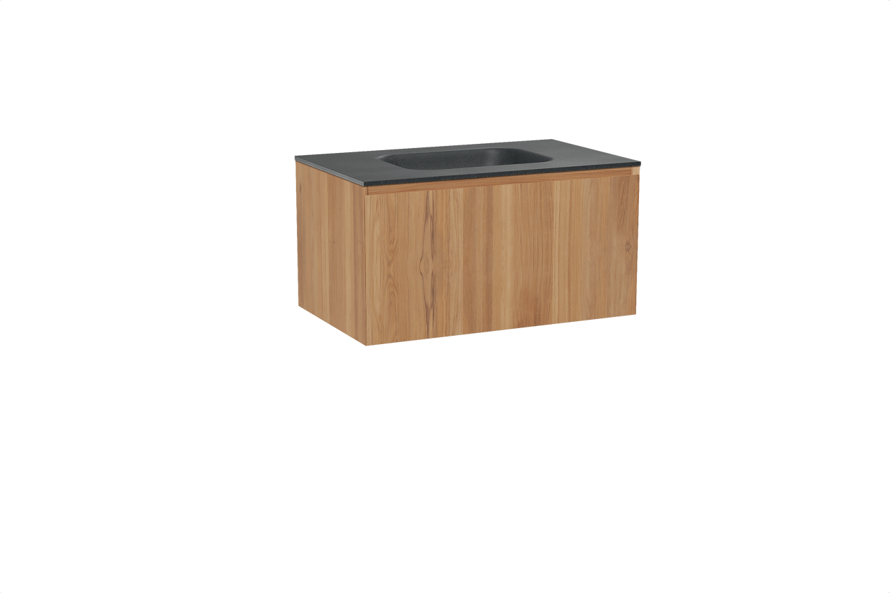 Balmani Idra hängendes Möbelstück Set: 90 x 55 cm, Teak, mit Tablo Arcato Einzelwaschtisch, Schwarzes Granit