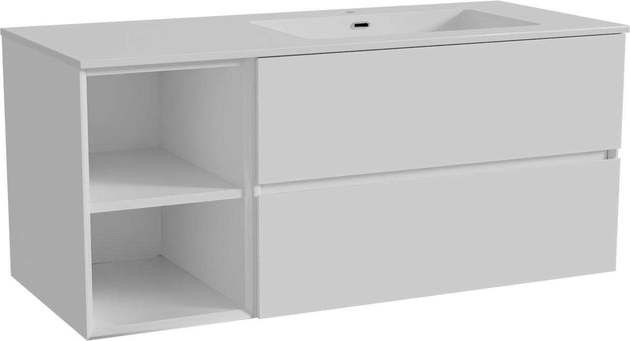 Storke Edge zwevend badkamermeubel 120 x 52 cm glanzend wit met Diva asymmetrisch rechtse wastafel in composietmarmer glanzend wit