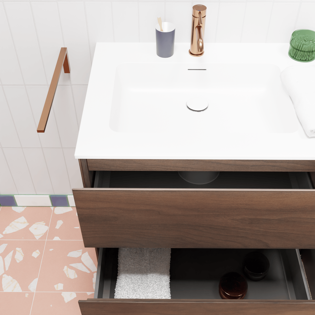 Storke Edge meuble salle de bains suspendu 130 x 52 cm noyer avec Mata double vasque en solid surface blanc mat