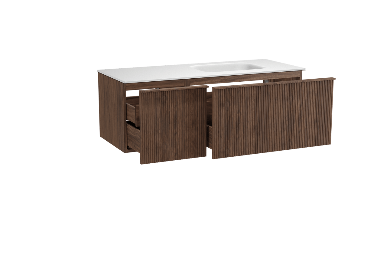 Balmani Forma hängendes Möbelstück Set: 135 x 55 cm, Amerikanischer Nussbaum, mit Tablo Arcato Waschtisch rechts, Solid Surface, Weiß matt, Vertikale symmetrische gerade Rippe