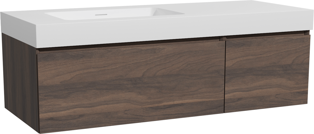 Storke Edge hängendes Möbelstück Set: 130 x 52 cm, Nussbaum, mit Mata High Waschtisch links, Solid Surface Weiß matt