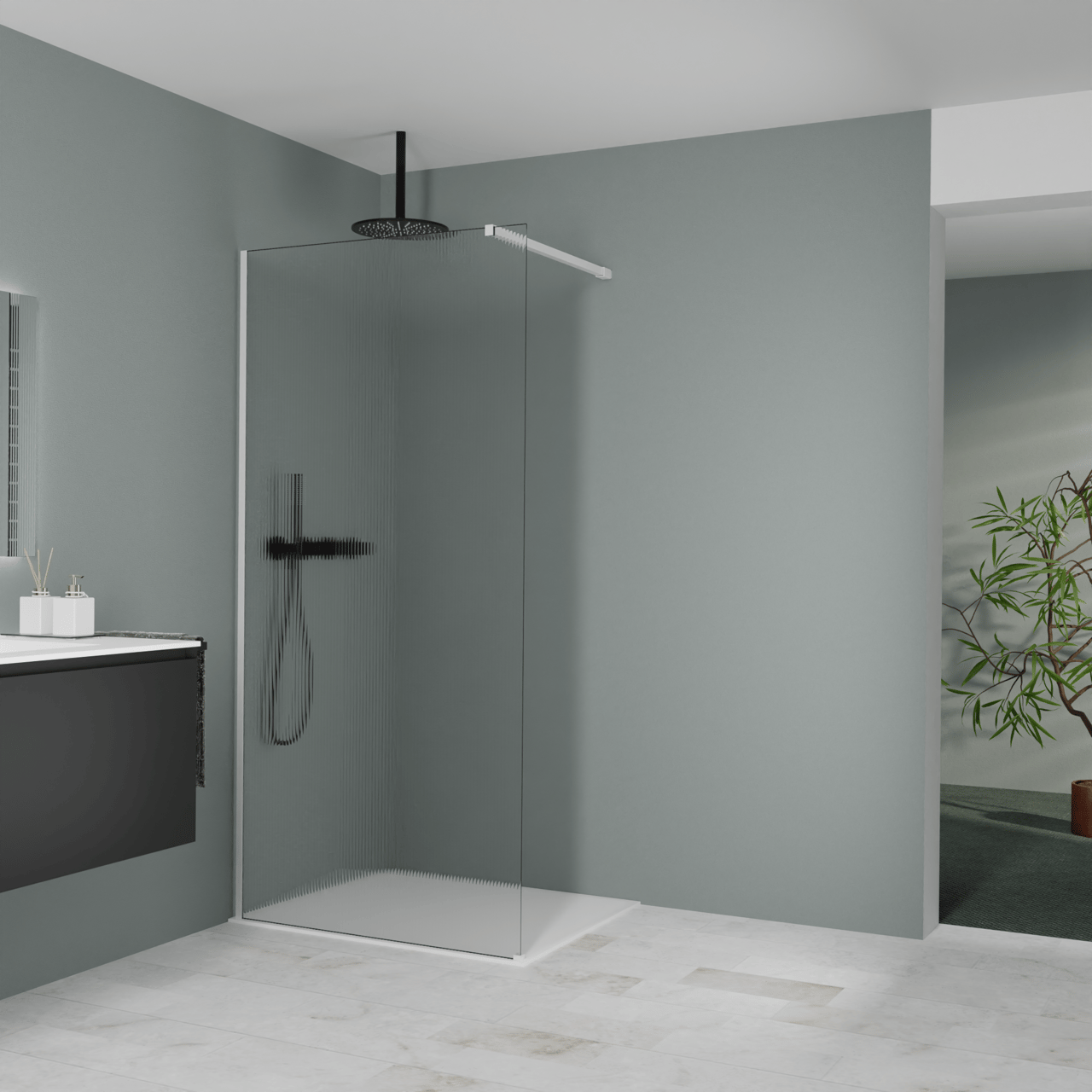 Balmani Modular Walk-In Dusche: 100 x 200 cm, Ribs, inklusive Coating, Profil Weiß matt