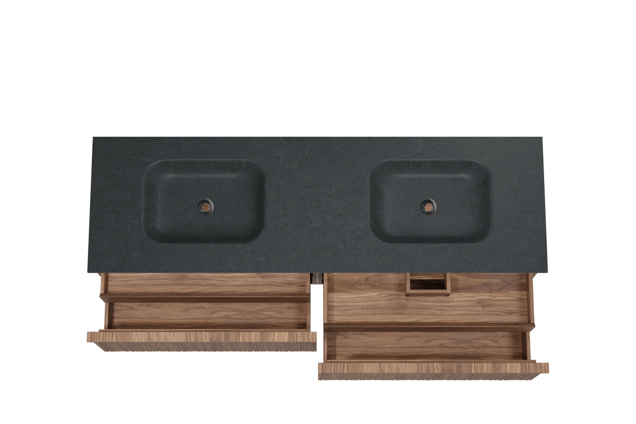 Balmani Forma meuble salle de bains suspendu 180 x 55 cm noyer américain avec Tablo Arcato double vasque en granit noir, Nervure circulaire asymétrique verticale