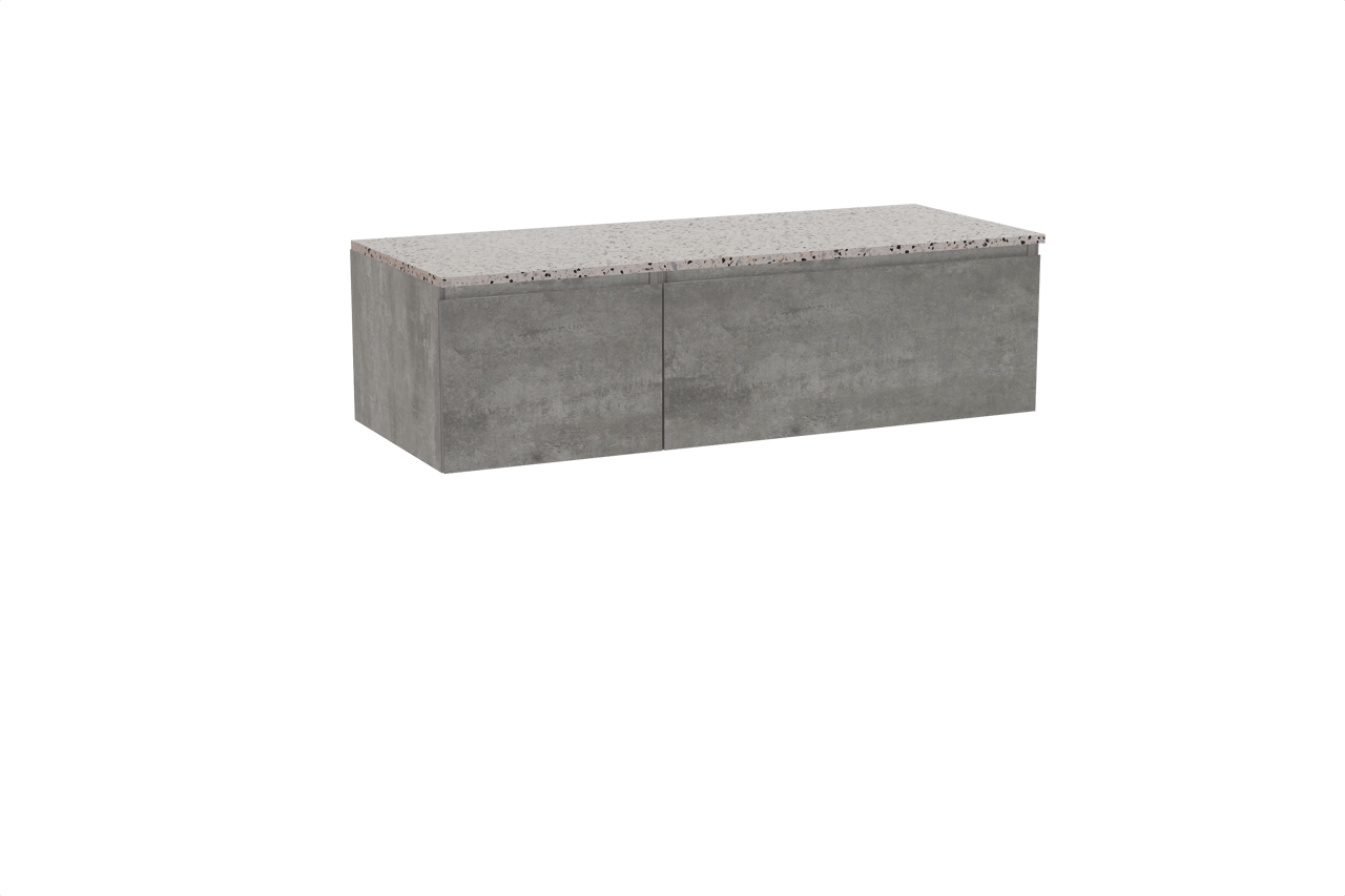 Storke Edge hängendes Möbelstück Set: 130 x 52 cm, Beton dunkelgrau, mit Tavola Einzel- oder Doppel Waschtischplatte, Terrazzo in Weiß/Schwarz matt