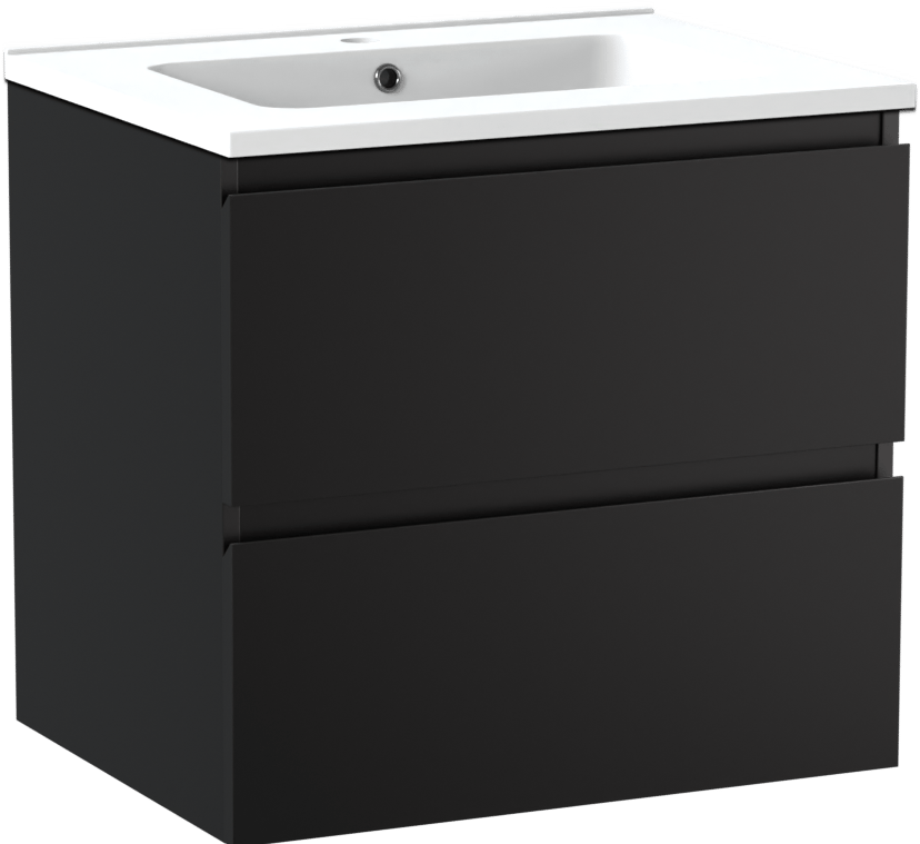 Linie Lado zwevend badmeubel 60 x 46 cm mat zwart met Vano enkele wastafel in composietmarmer mat wit