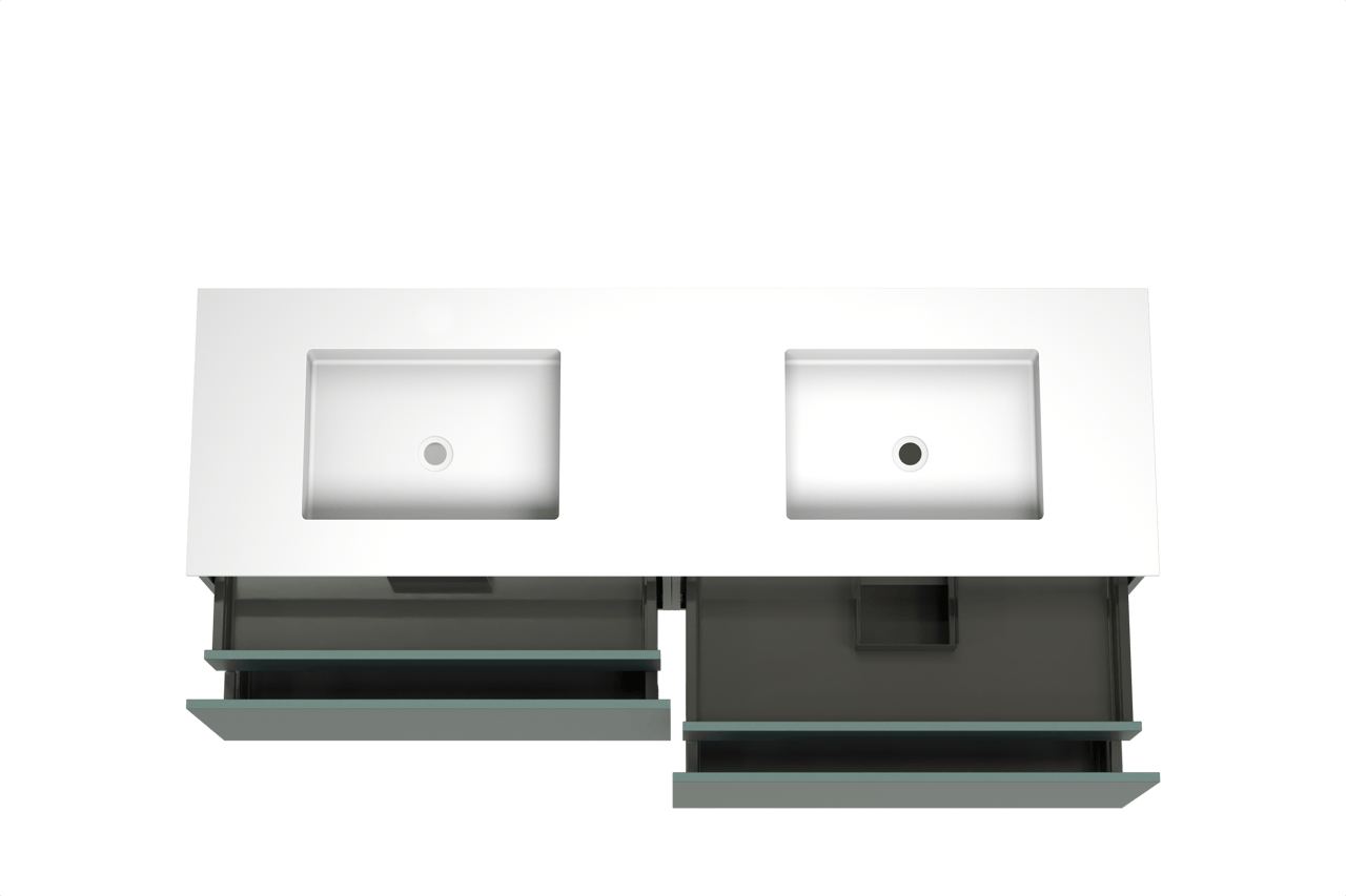 Balmani Sfera zwevend badkamermeubel 180 x 55 cm forest met Tablo Stretto dubbele wastafel in solid surface mat wit