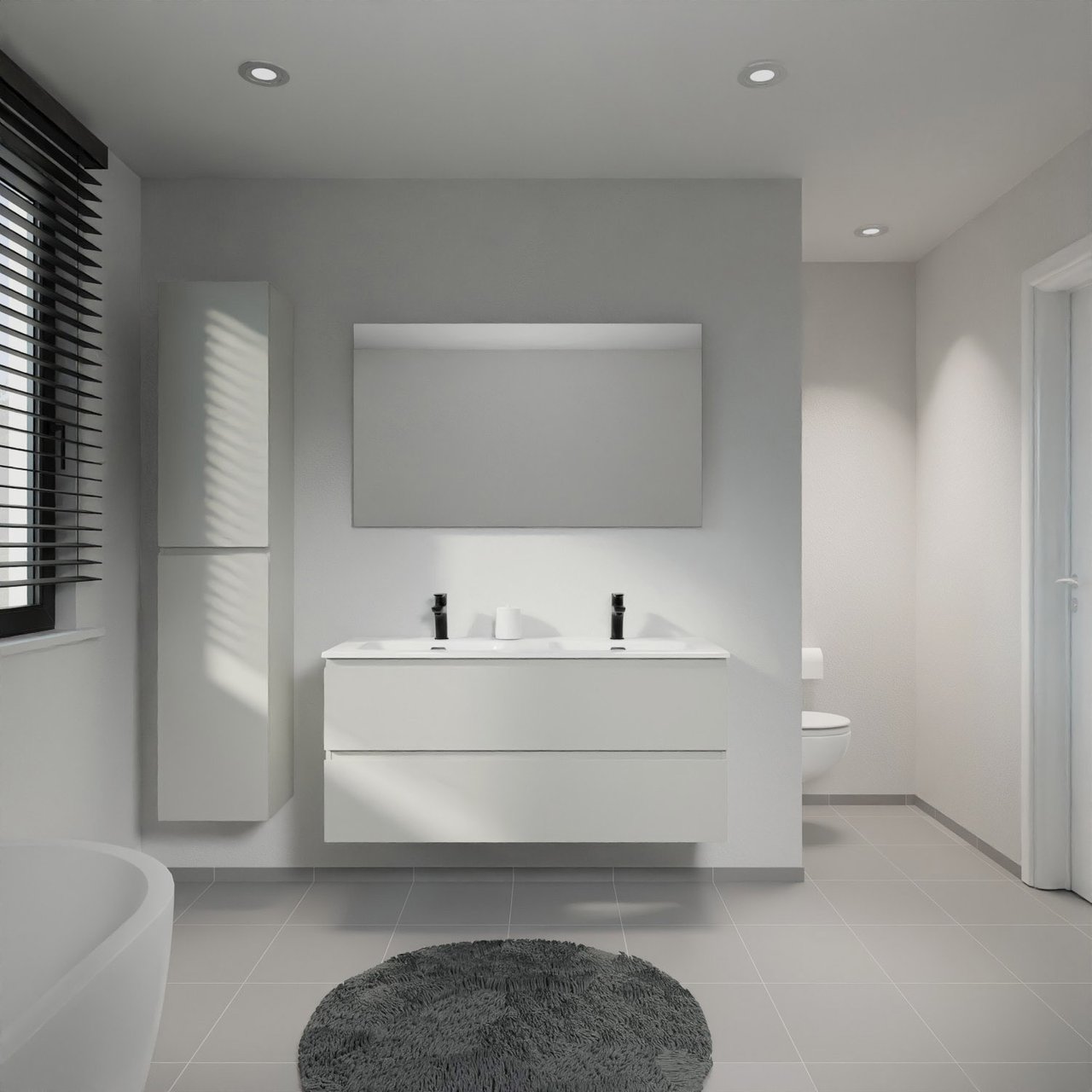 Linie Lado meuble salle de bains suspendu 120 x 46 cm greige avec Baro double vasque en porcelaine blanc brillant