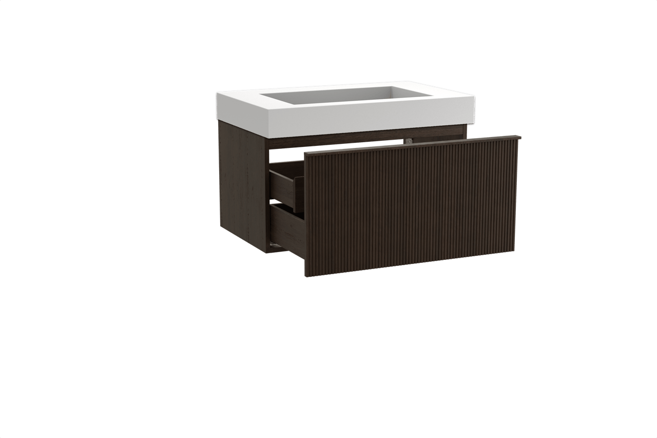 Balmani Forma meuble salle de bains suspendu 90 x 55 cm chêne fumé avec Modus plan simple en solid surface blanc mat, Nervure droite symétrique verticale